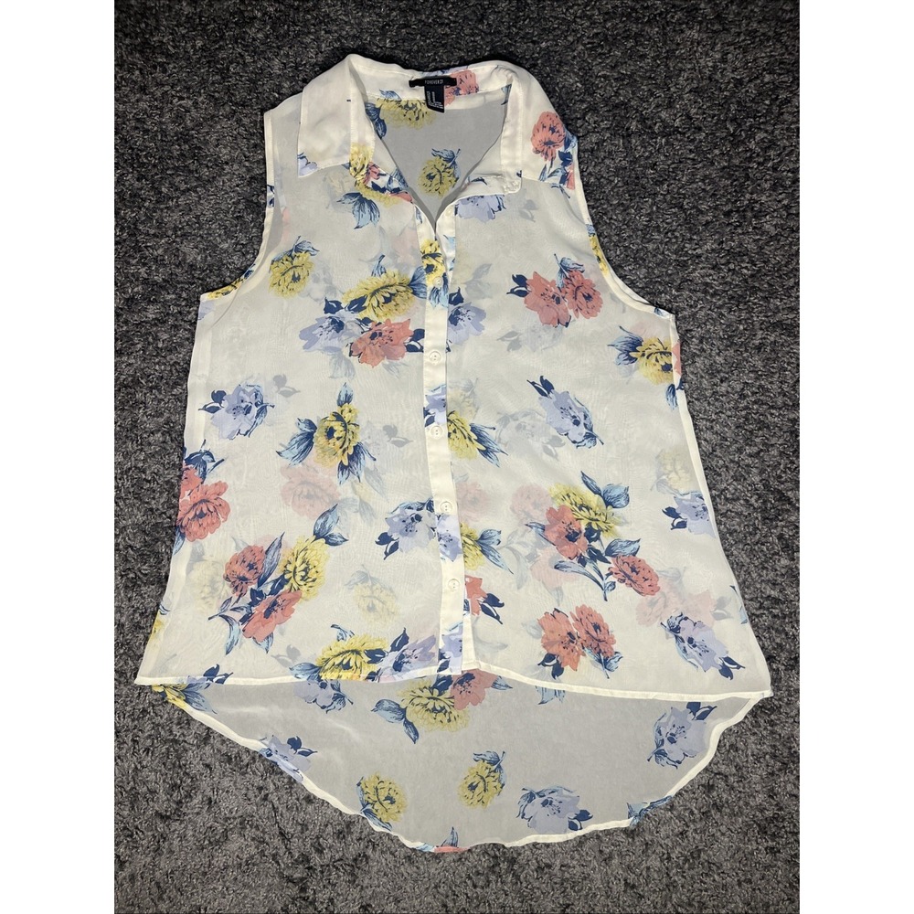 FOREVER 21 FLORAL Sheer Sleeveless Blouse Cream Pink Blue Yellow Button Medium‎
